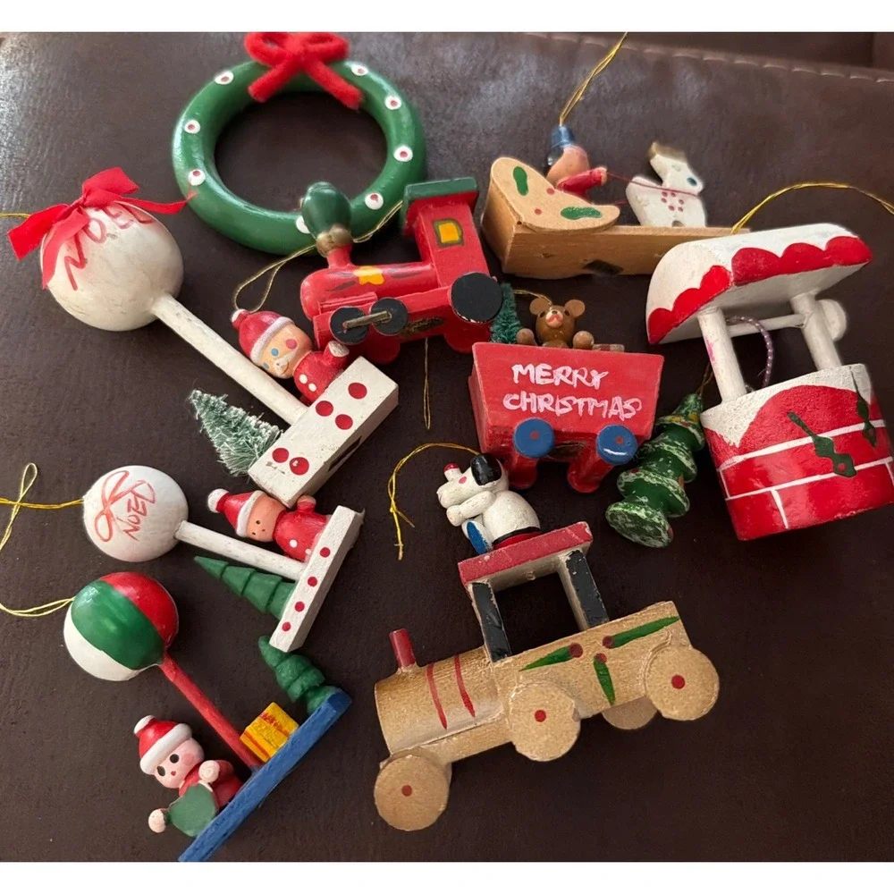 Vintage Wooden Christmas Ornaments Made in Taiwan Set of 10